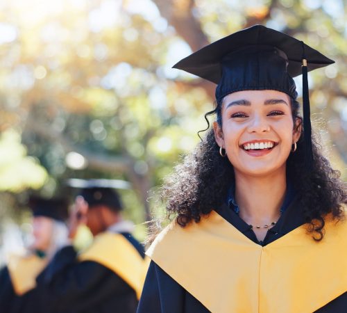 Happy woman, portrait and graduation with hat in nature for outdoor ceremony, scholarship or qualif Happy woman, portrait and graduation with hat in nature for outdoor ceremony, scholarship or qualif